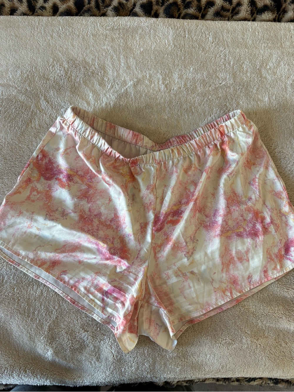 Target watercolor Tie-Dye Satin Lounge Shorts in Pink purple and Cream